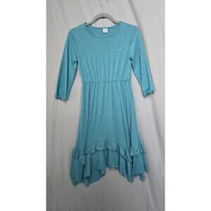 MITILLY Dress Girls 10-11Y Blue 3/4 Sleeve Ruffle Hi Low Hem Casual Fit Flare